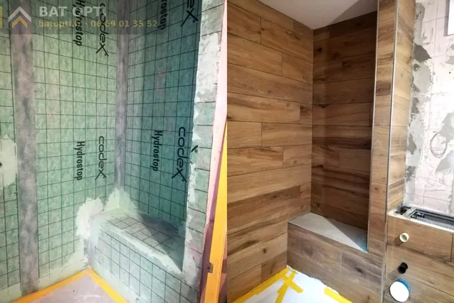 Avant / après d'une douche : membrane d'étanchéité posée sur les murs et le banc, puis faïence effet bois.